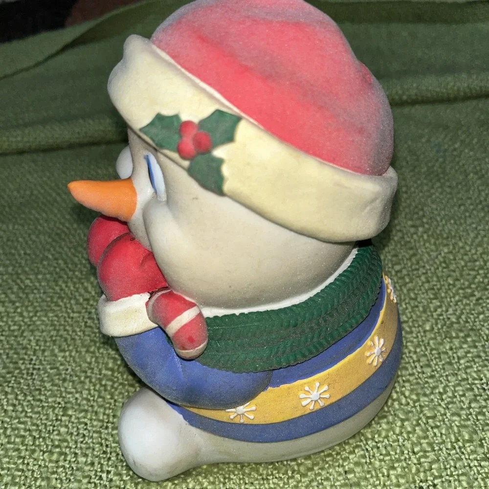 Vintage Snowman Ceramic Coin Bank‎ Christmas Santa Hat Flocked Candy Cane 5.5